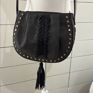 Black Leather Saddle Crossbody Bag with Braided Detail